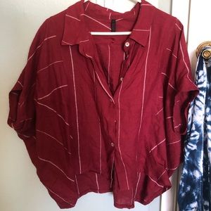 Linen Red Button Down Top Relaxed Lines Medium
